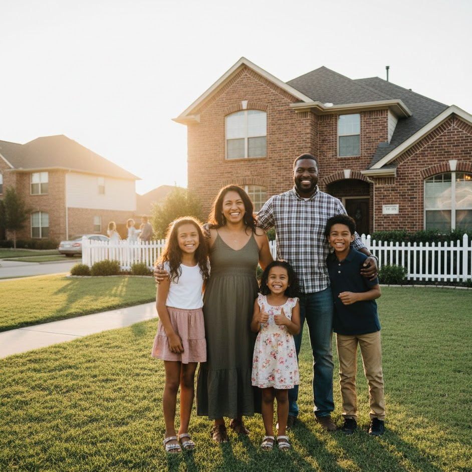 Happy Texas family in front of home