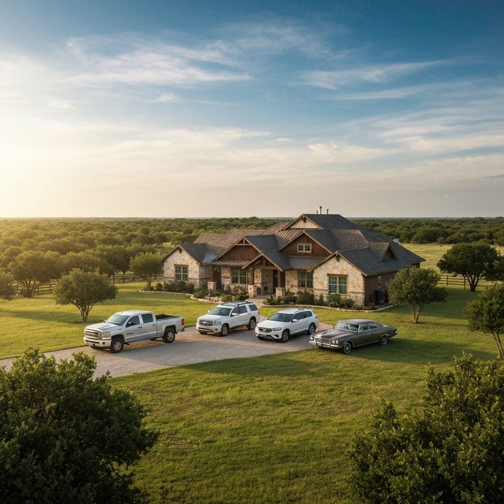 Beautiful Texas landscape with family, home and car